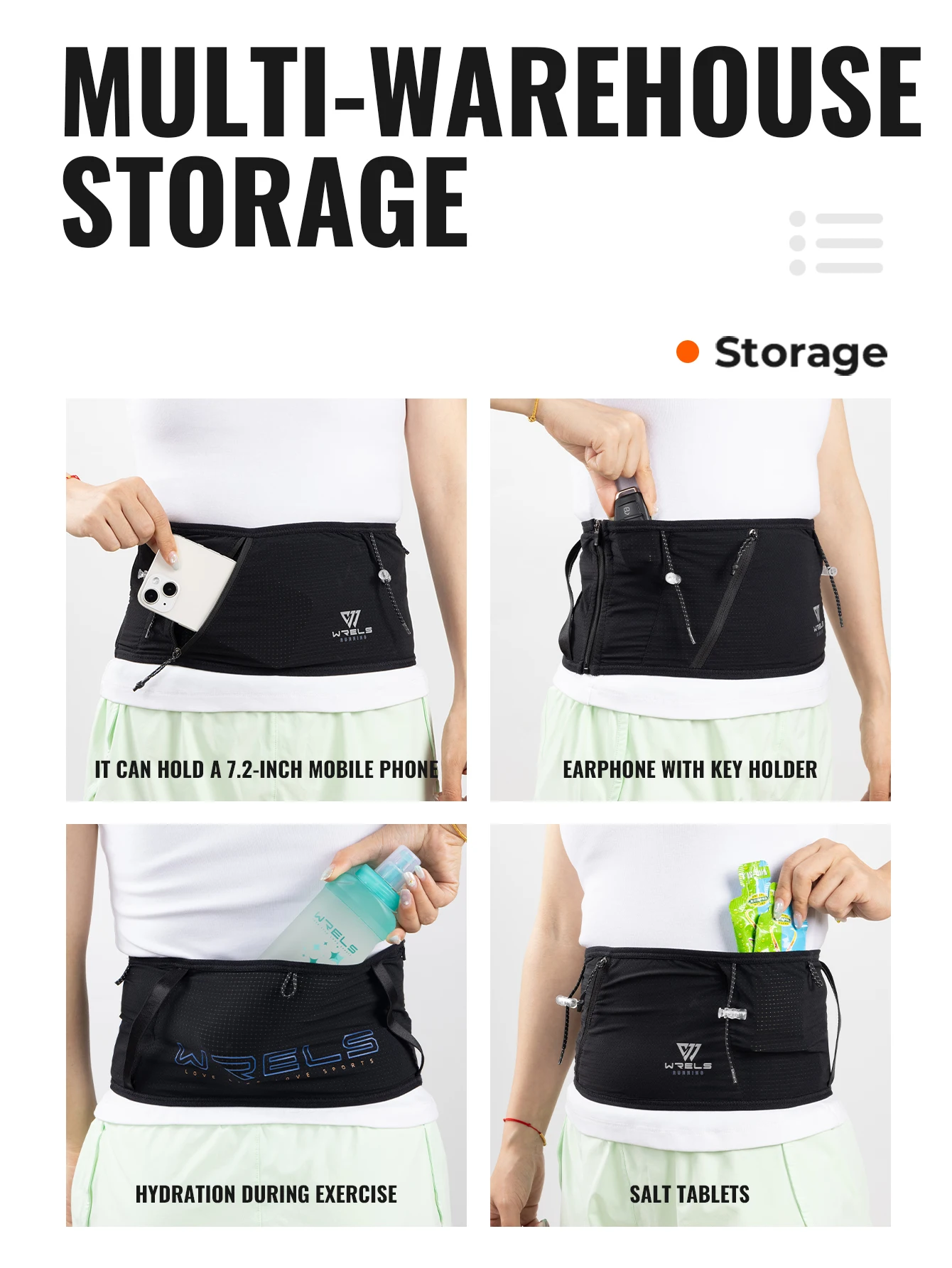 WRELS Laufgürteltasche, atmungsaktiver, schmaler Trainingsgürtel, verstellbar, rutschfest, für Outdoor-Sportarten, Wandern, Herren, Damen, Fitness, Aufbewahrungstasche – Detail 8