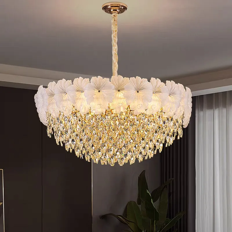 French new crystal chandelier, postmodern living room lamp, light luxury flower cream style master bedroom dining room lamp