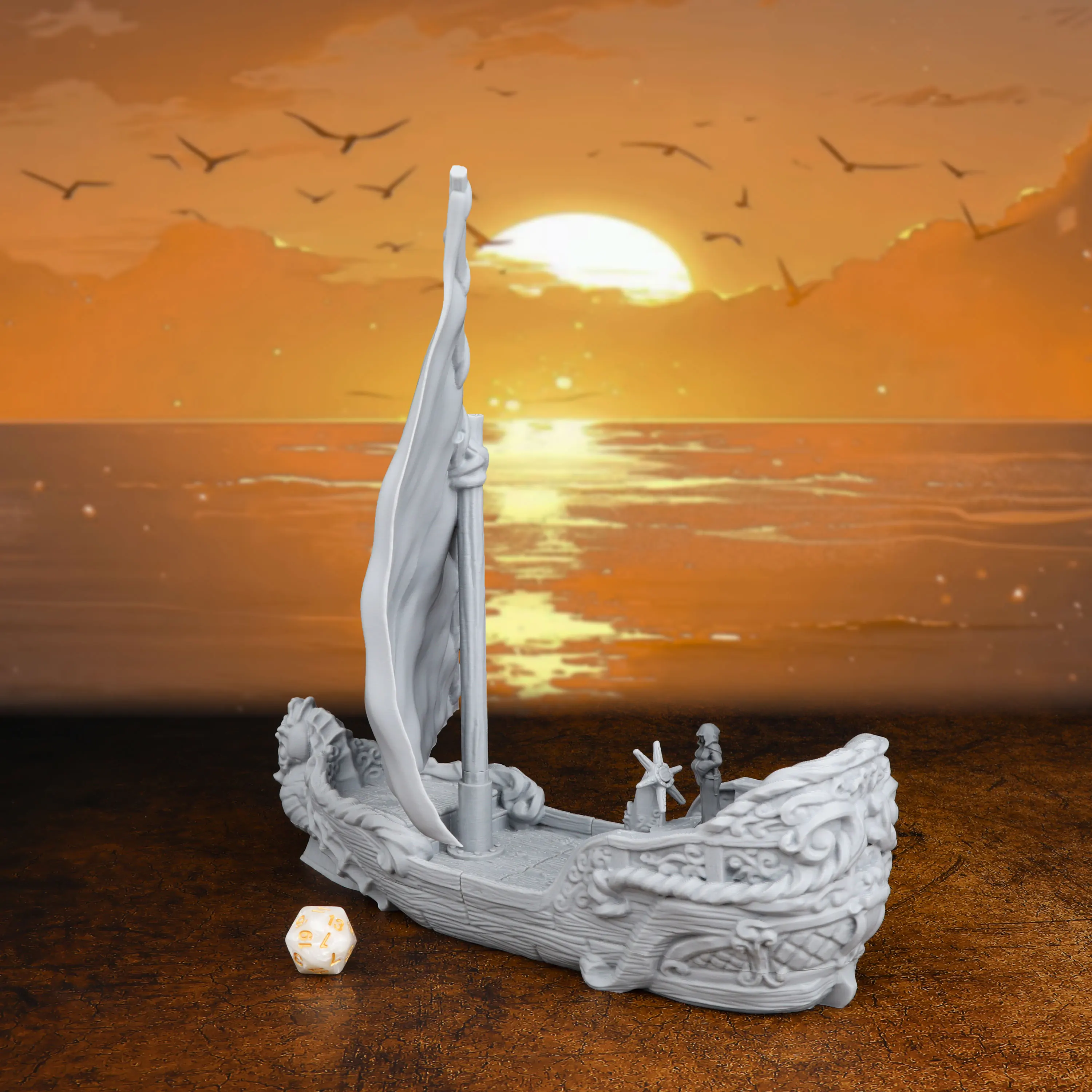 28mm RPG Corsair Sailboat Miniature Terrain Accessories for Tabletop Scene Building, Gray Color Overall Sail & Split Hull