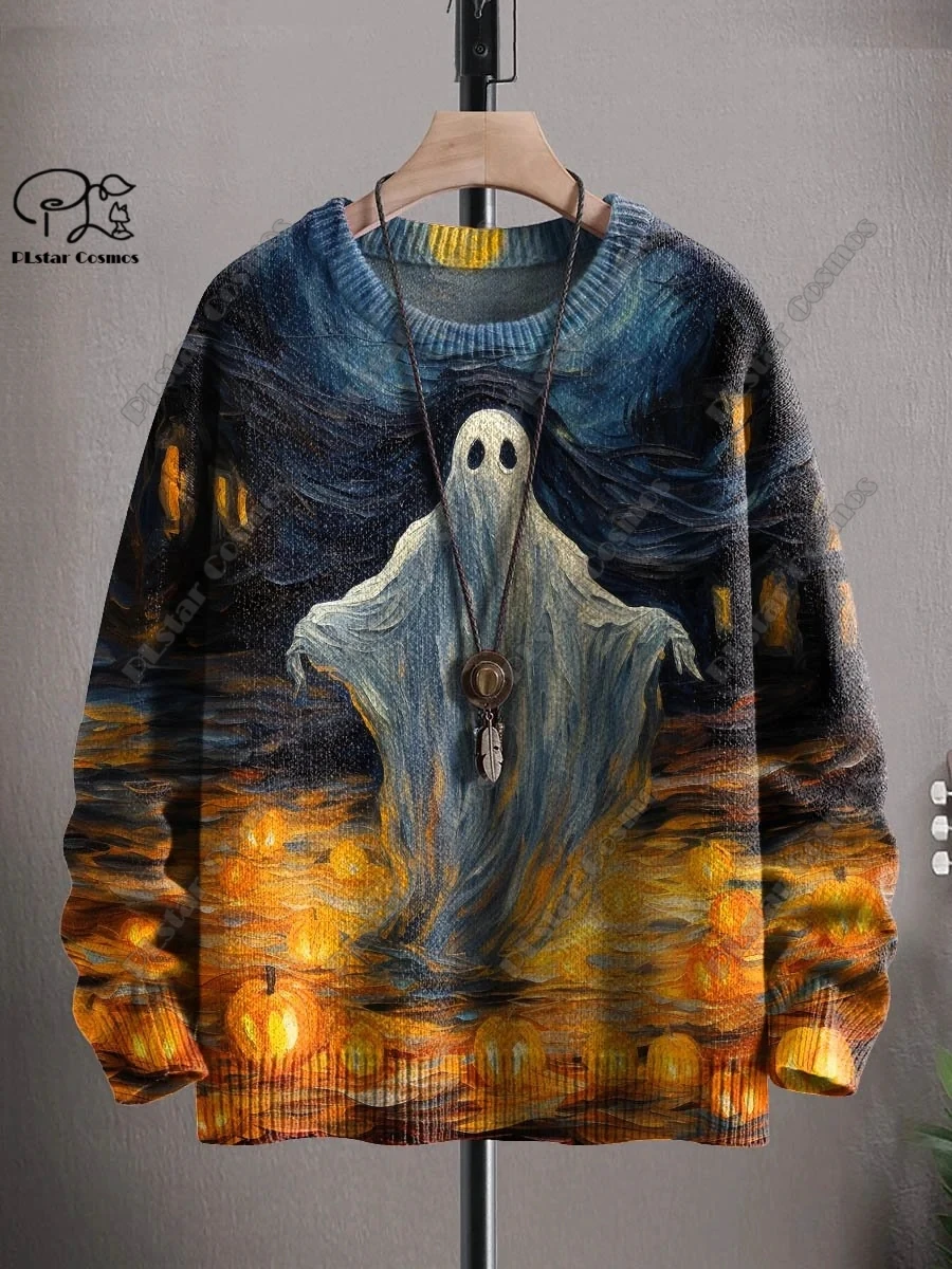 Sudadera con estampado 3D de la serie de Halloween, suéter feo con patrón de gato negro, fantasma de terror, esqueleto, bruja, calle, informal, W-1