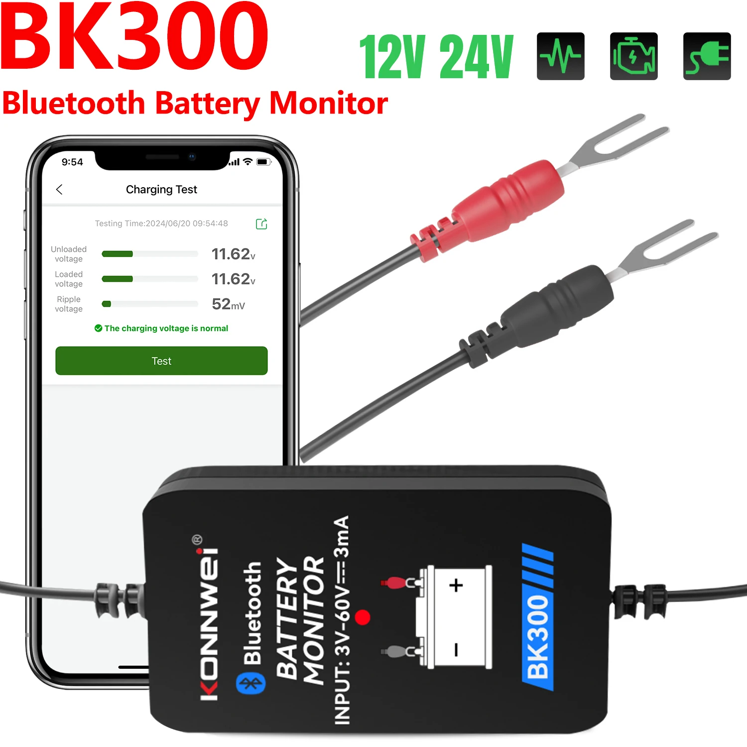 2024 New KONNWEI BK300 Battery Monitor Truck 24V Battery Tester 12V SOH SOC Battery Health Analyzer Battery Tools PK BM300 PRO