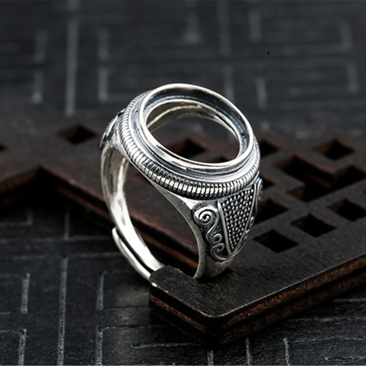 Ring Blank (13x13mm Round Blank) Adjustable 925 Silver Ring Base Antique Style Round Cabochon Ring Setting R1463B