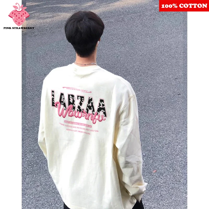 

American Street Letter Print T-shirt Men Autumn 2025 New 100% Cotton White O-Neck Long sleeves Tee Casual Y2k Top Man clothing