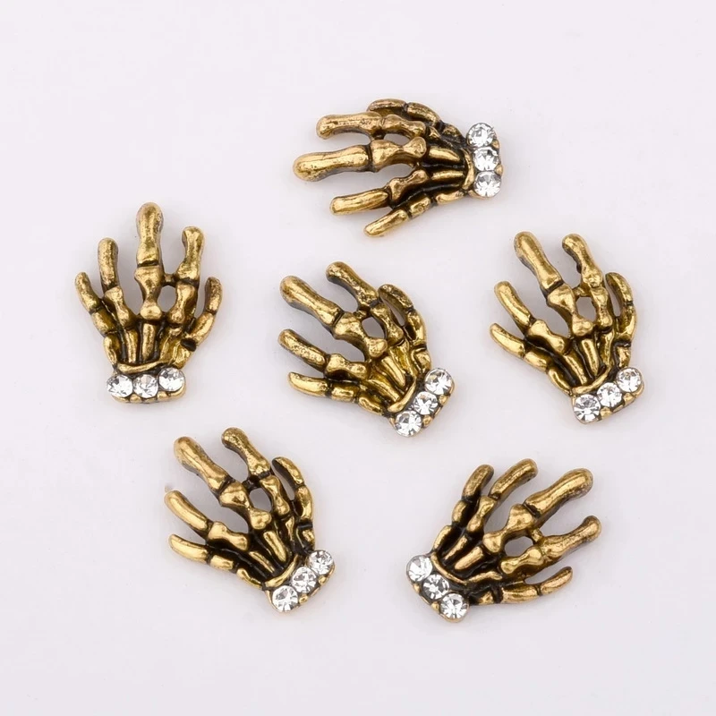 10 stücke retro gold silber hand skeleton design nagel ornamente, set charme strass DIY nagel zubehör QB050-051