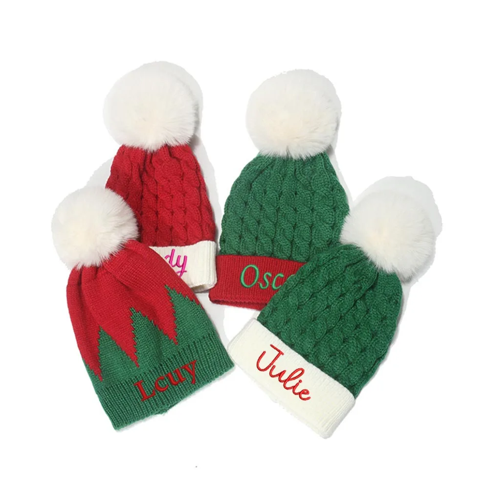 New Embroidered Name Autumn Winter Knitted Hat Children's Green Red Splicing Wool Hat Warm Wool Hat Children's Party Gift Hats