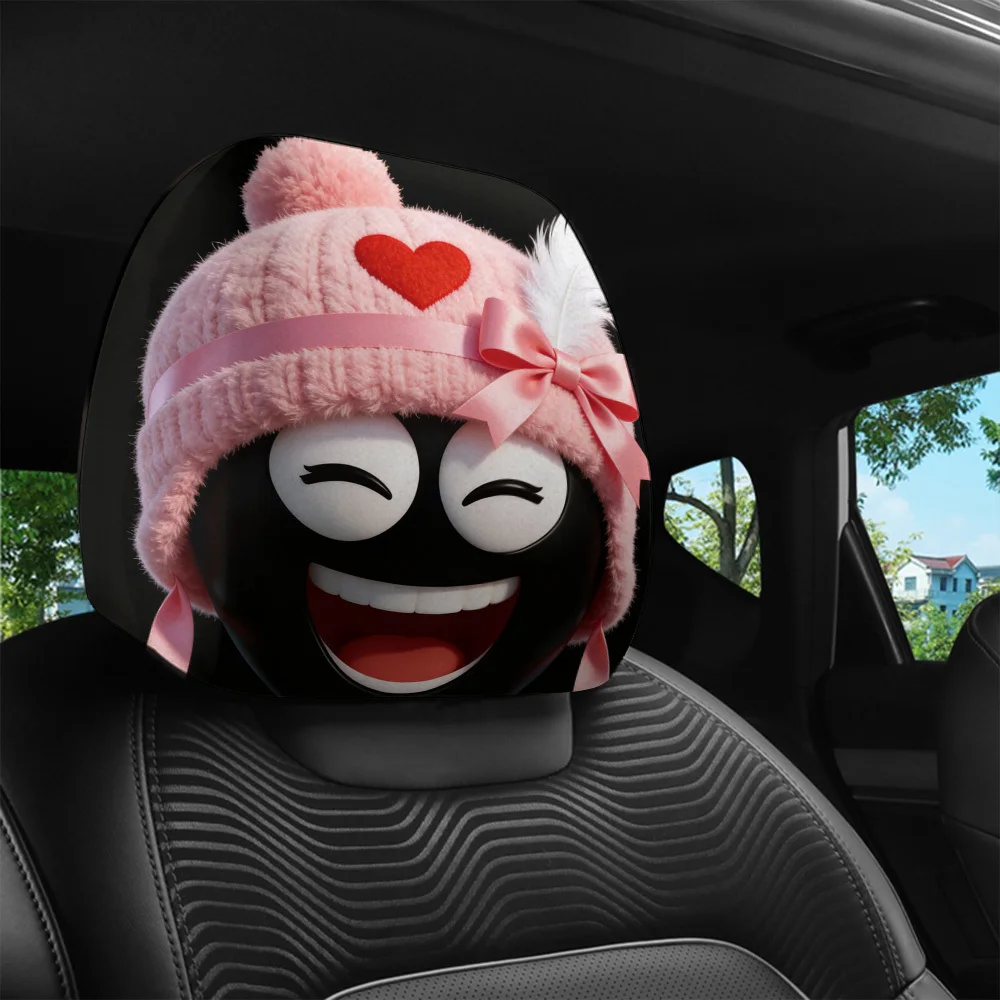 

2pcs Cute Cartoon Joyful Face Car Headrest Covers with Pink Decorative Hats Print, Car Interior Decoration