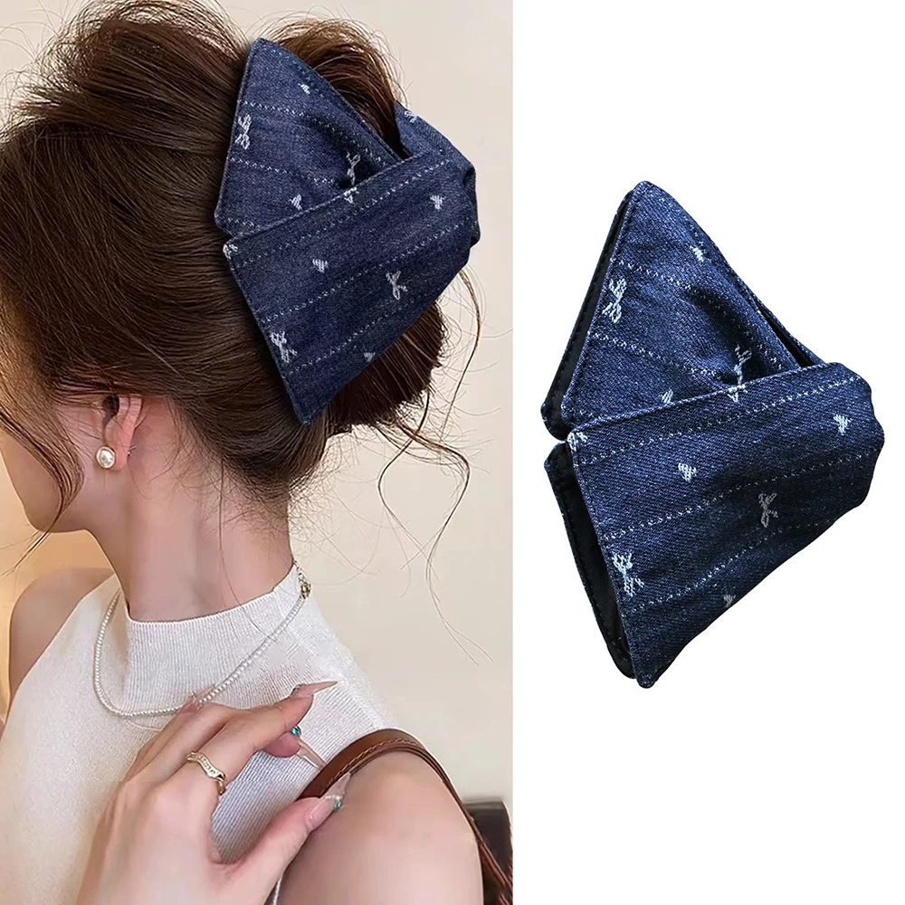 

Trendy Cowboy Women Girls Hair Claw Clips Chic Large Hair Bow Grab Fashion Blue Hairpin Ponytail Holder Disc Headwear Thick Hair