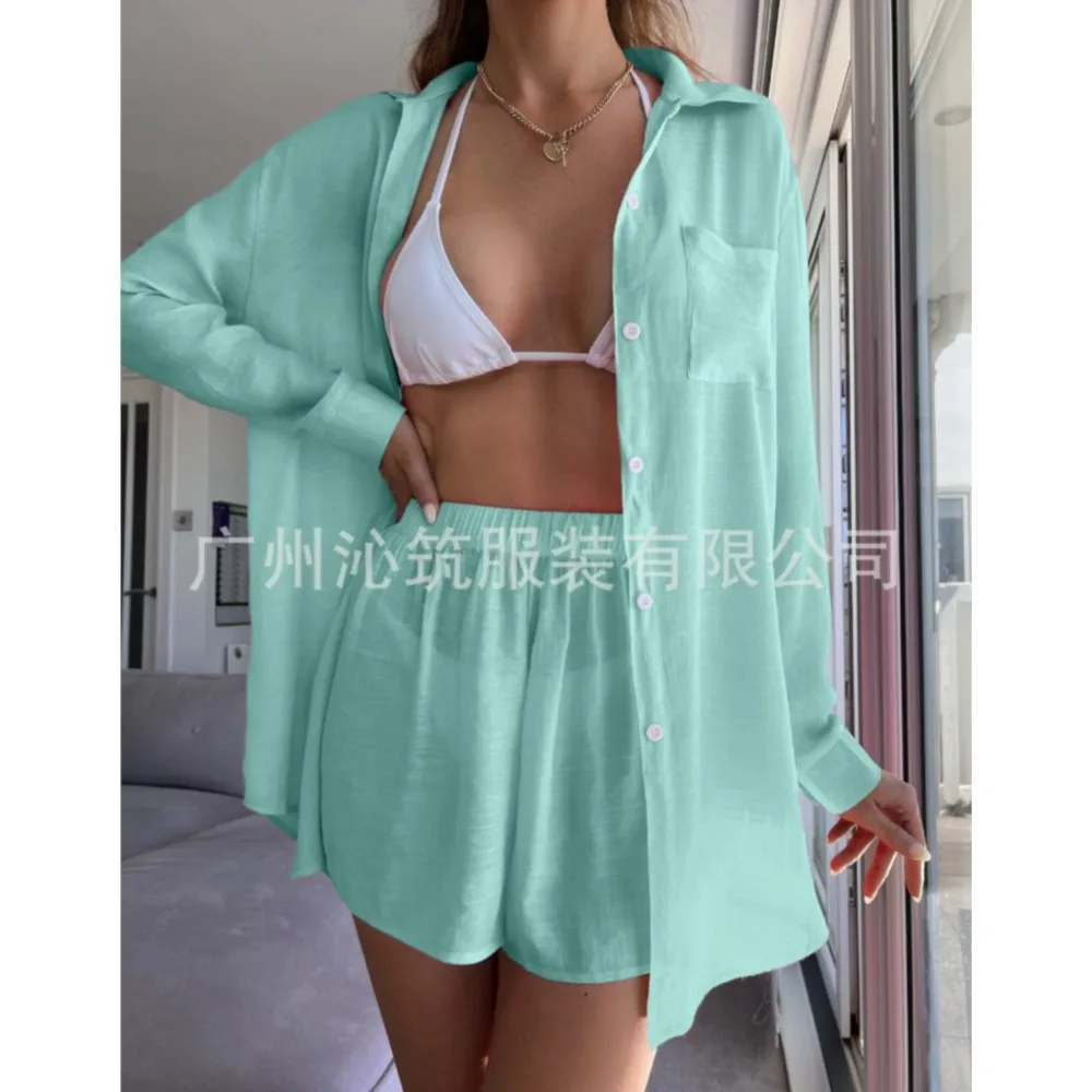 2026 New Sexy Beach Cover-up Shorts 2-piece Set Women Fashion Loose Beach Sunscreen Shirt Suit Casual Vacation Bikini Cover-upo