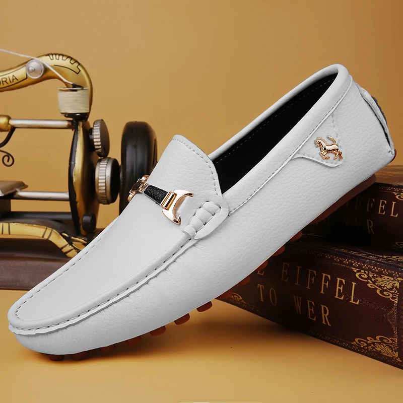 2024 White Loafers Men Handmade Leather Shoes Black Casual Driving Flats Slip-On Moccasins Boat Shoes Plus Size