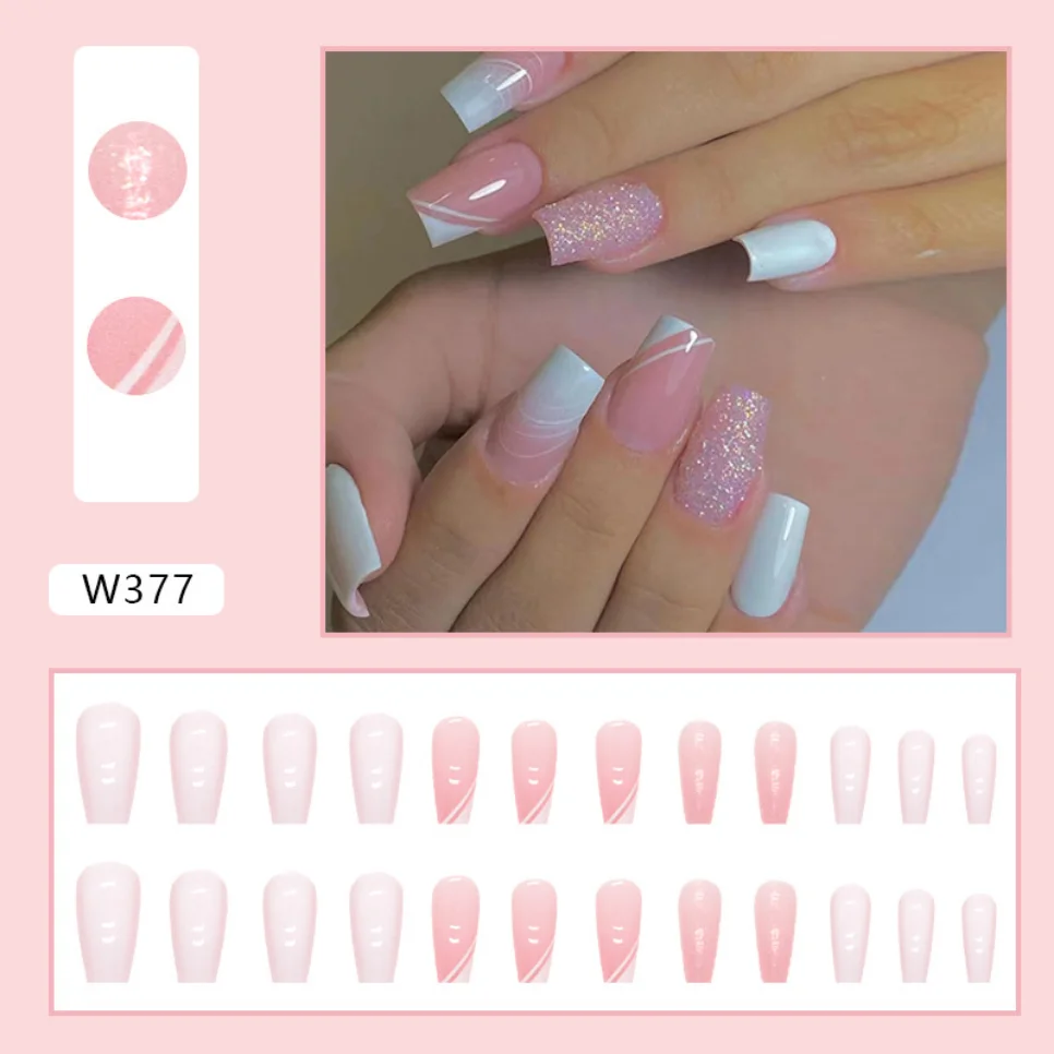 24Pcs Simple Pink Medium Length Ballet Fake Nails White Gradient Press on Nails Finished Full Coverage Wearing False Nail Tips