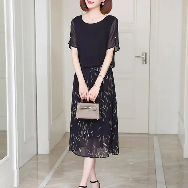 Office Lady Printed Dresses Fake Two Pieces Fashion Patchwork Summer Short Sleeve Chic Beading Female Loose A-Line Midi Dress