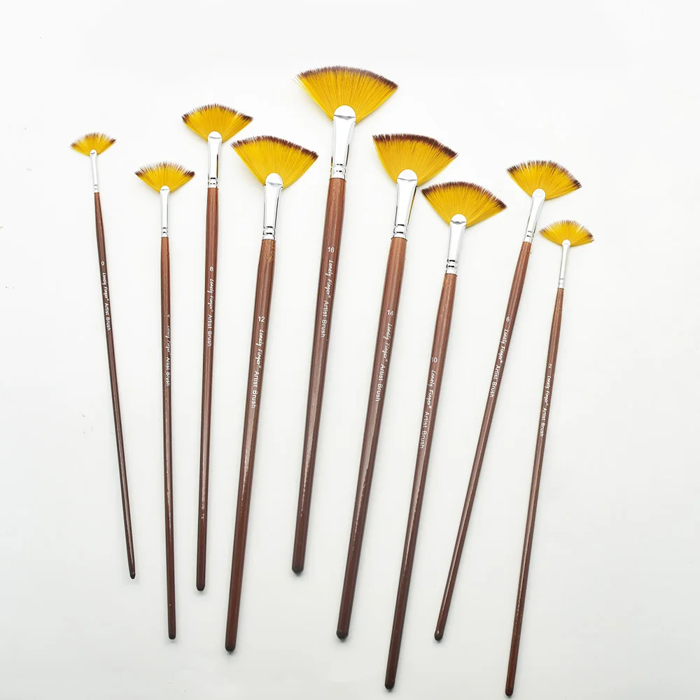 مجموعة فرش مروحة مكونة من 9 قطع من فرش الفنان المصنوعة من النايلون المضاد للفقدان للألوان المائية والأكريليك والحبر والغواش والزيت ولوحة درجة الحرارة