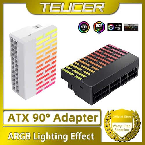 TEUCER ATX 전원 커넥터 어댑터, PC 마더보드용 암-수 전원 어댑터, ATX 전원, 24 핀, 90 도, 5V, 3 핀 ARGB 