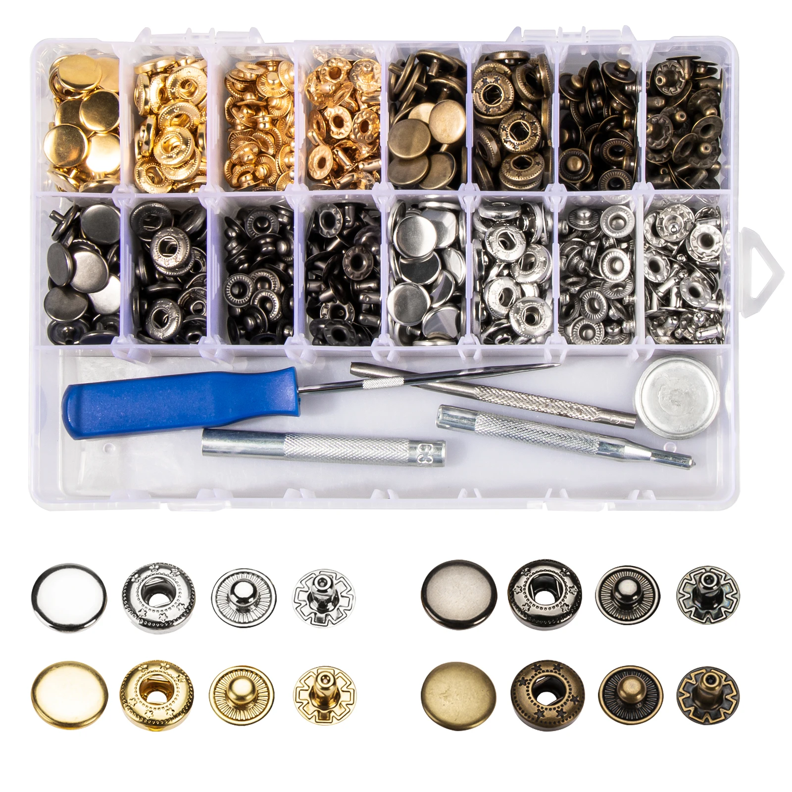 120sets Leather Snap Press Button Fasteners Kit 12.5mm Metal Heavy Duty Snaps Black, Gold,Silver,Bronze With Install Tool