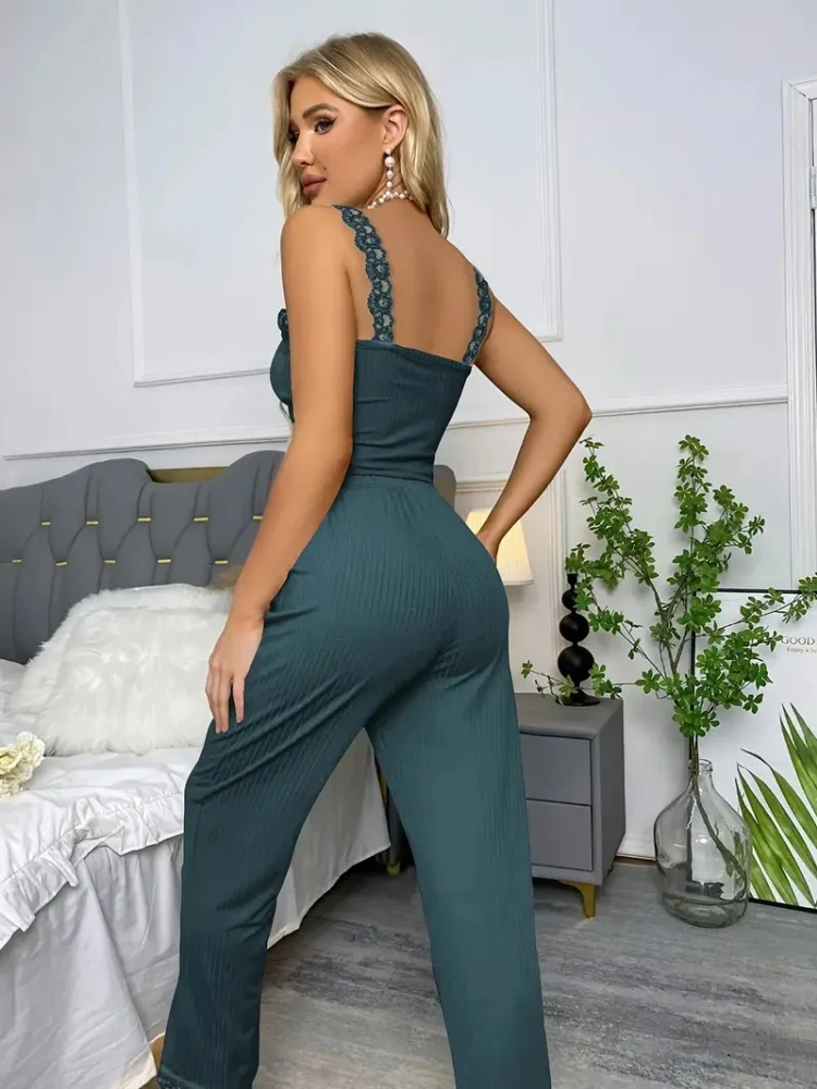 

Home Suit, Women's Loungewear & Sleepwear, Lace Trim Lounge Set, Crew Neck Cami Top & Lace Up Pants, Soft Casual, Sexy Nightwear