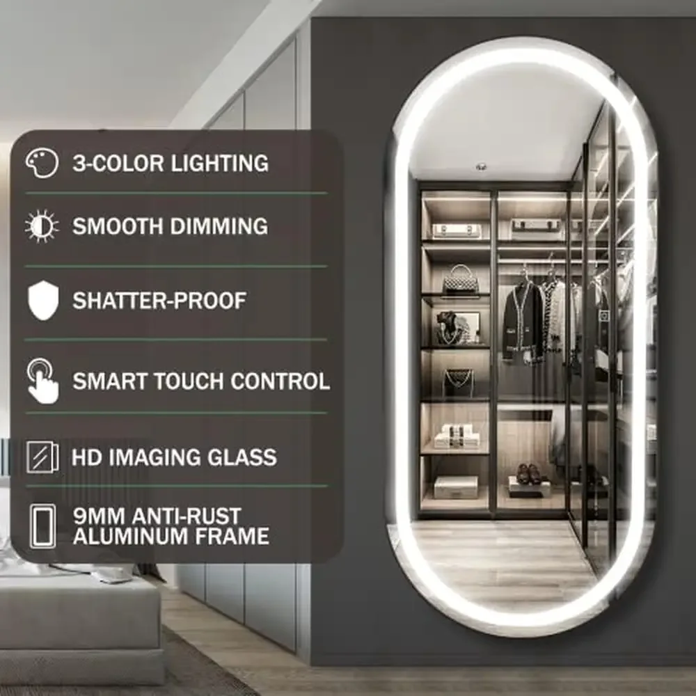 Grande specchio per tutto il corpo illuminato a LED con controllo touch intelligente Opzioni di montaggio multifunzionali Vetro antiruggine e antideflagrante