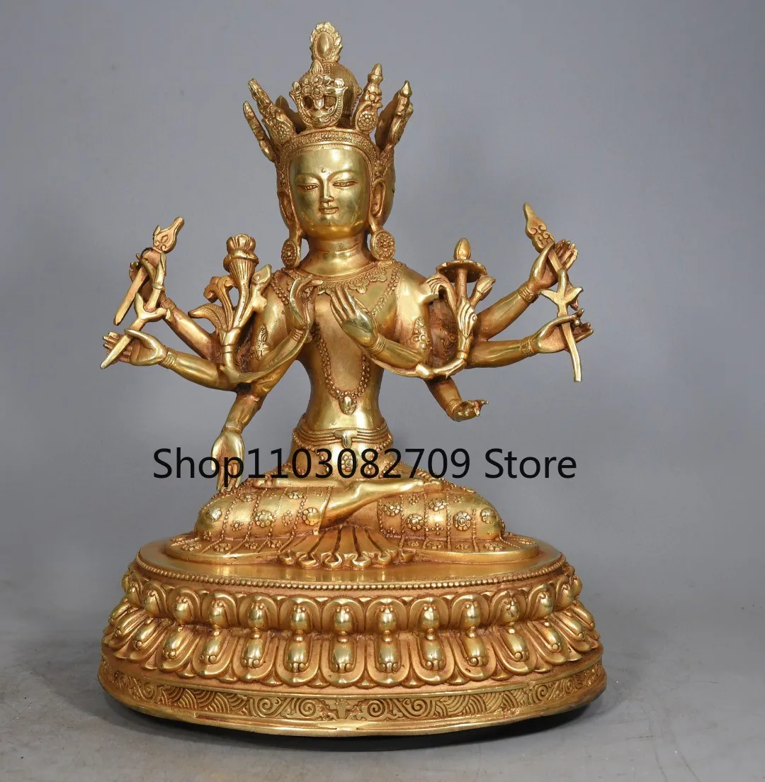 Tibetan brass gilt three sides eight arms Zunsheng Buddha mother statue home hall supplies indoor incense case offering ornament