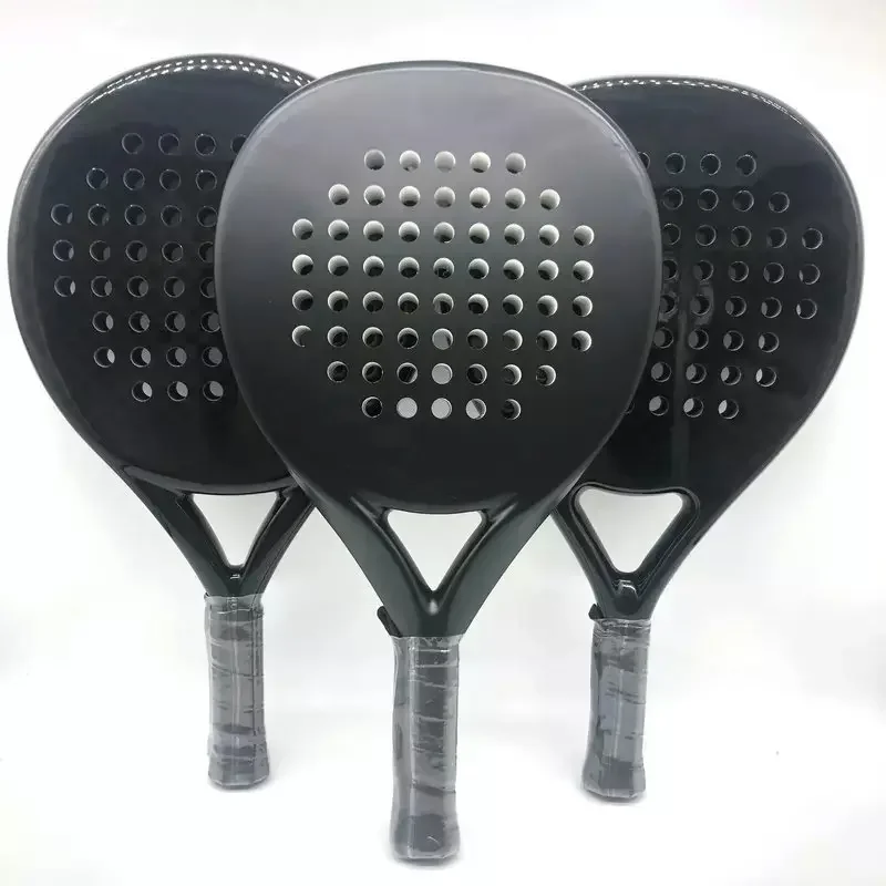 In stock Carbon fiber material round paddle racket, 12K high density texture, customized design cheap price polyester net sports