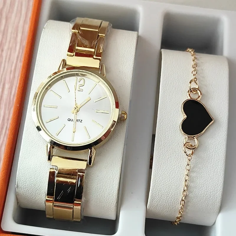 Luxury Watch for Women Simple Round Dial Stainless 2pcs Heart Bracelet Set Quartz Wristwatch Students Ladies Watches Reloj Mujer