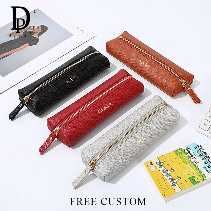 Luxury PU Leather Pen Bags Wholesale Portable Business Office Pen Pouch Custom Initials Fashion Storage Bag Cosmetic Bag Gift