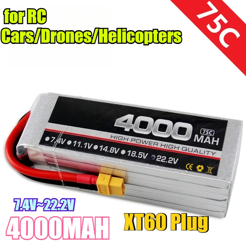 

3S-6S 4000mAh 75C High-Rate LiPo Battery - for RC Cars/Drones/Helicopters XT60 Plug 12V-22.2VExplosion-Proof Soft Pack Design