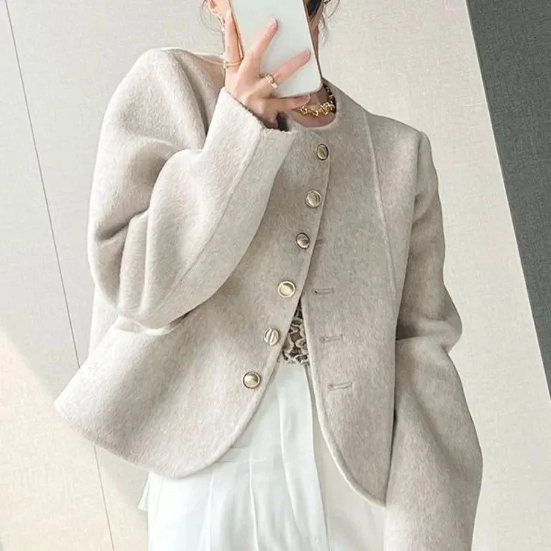 MEXZT Cropped Blends Women Vintage Elegant Short Wool Coat Korean Single Breasted Jackets Sweet Casual All Match Outerwear Tops