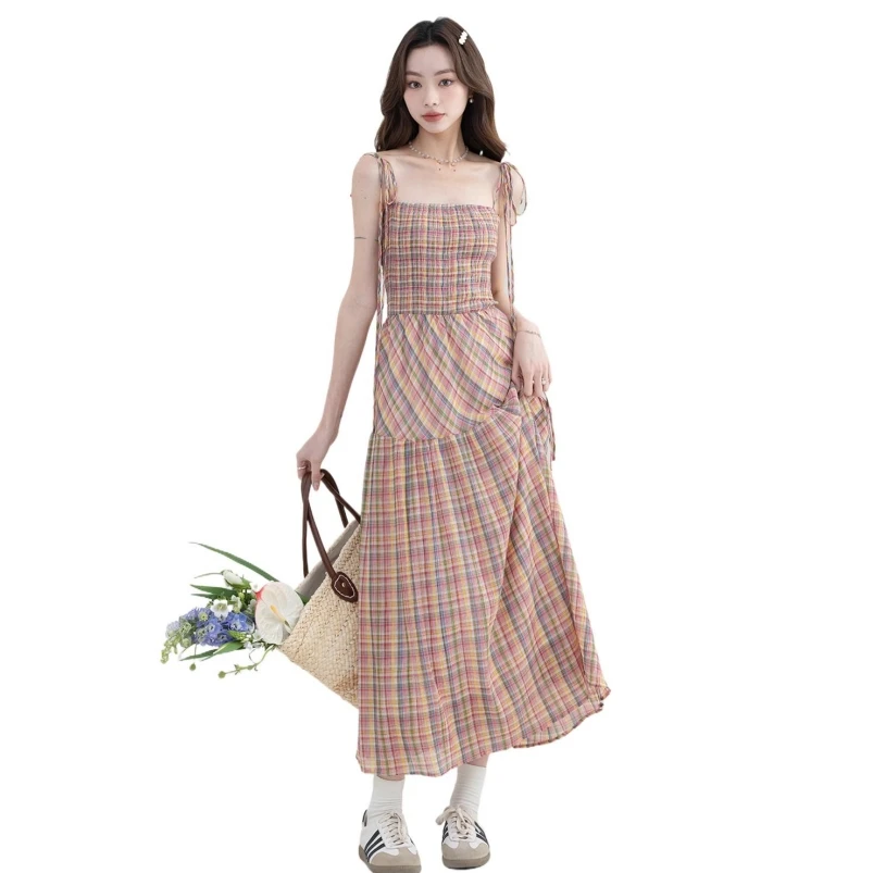 

Summer Cotton New 2024 Women's Plaid Sling Long Dress Sweet Breathable High Waist Mori Girl Style Vintage Ankle-Length Vestidos