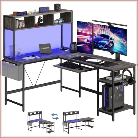 67" Metal Frame L Shaped Gaming Desk LED Lighting, Reversible, Keyboard Tray, Storage Shelf