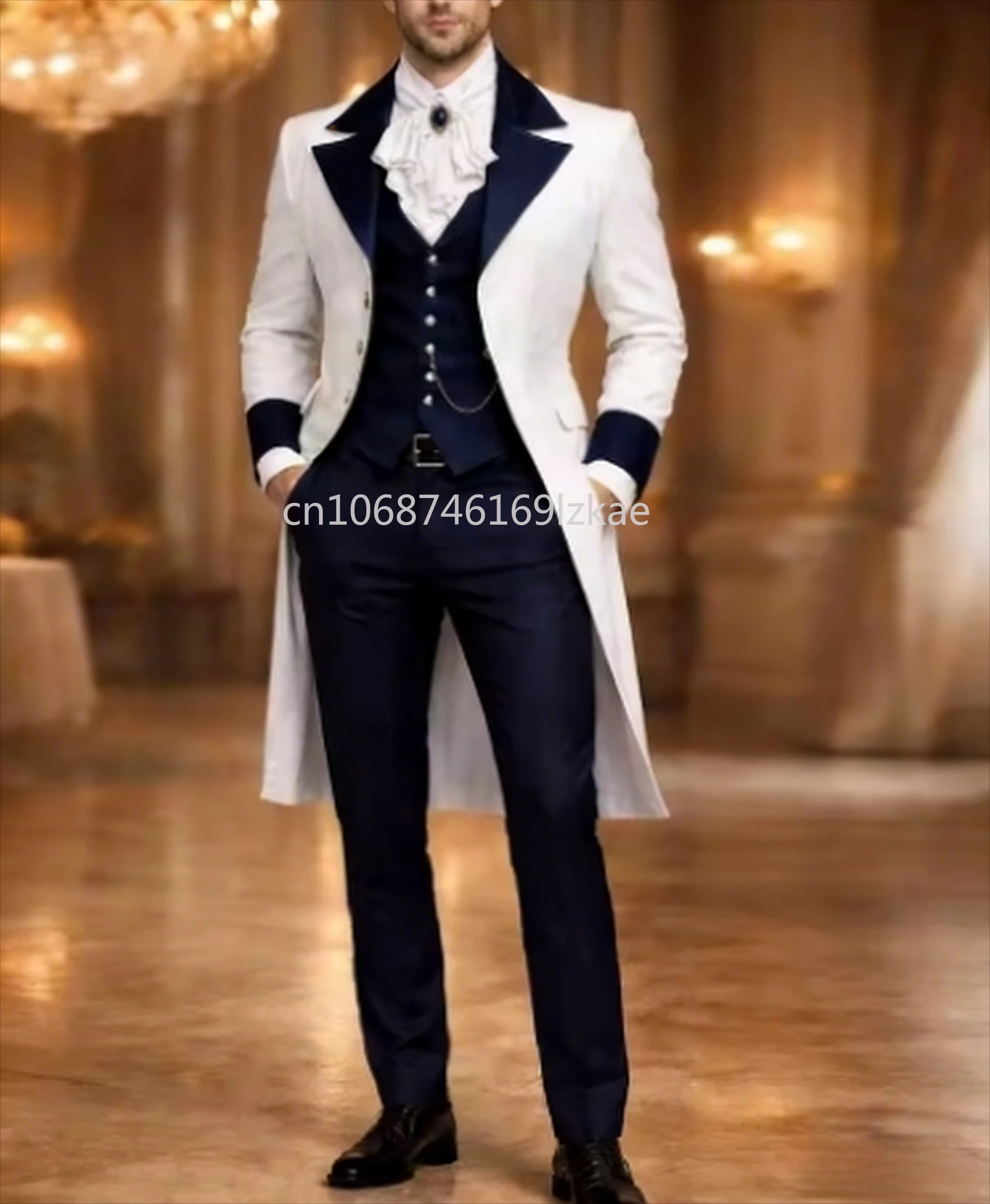 

White Long Blazer And Navy Blue Formal Men Suit Wedding Party Groom Prom Business Male Tuxedos 3 Piece Set Jacket Vest Pants
