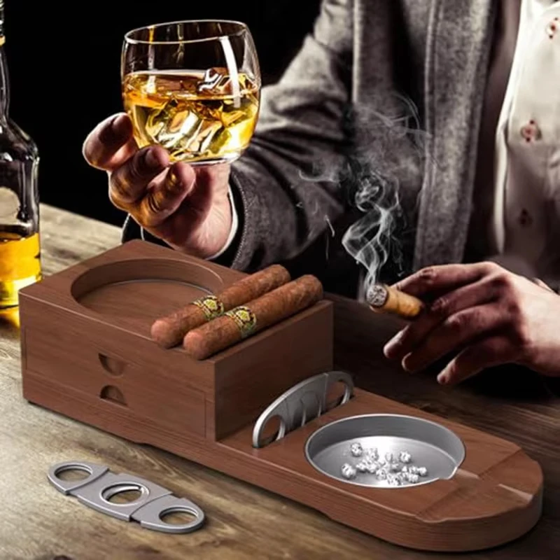 

Wooden Cigar Ashtray with Tobacco Cigar Drawer & Whiskey Cup Holder Tray Heavy-Duty Desktop Decorative Smoking Accessories Gifts