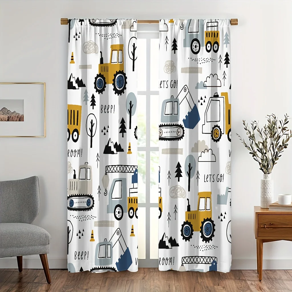 Kids Construction Vehicle Pattern Curtain for Nursery Room Decor Cartoon Dump Truck Bulldozer Playful Baby Shower Window
