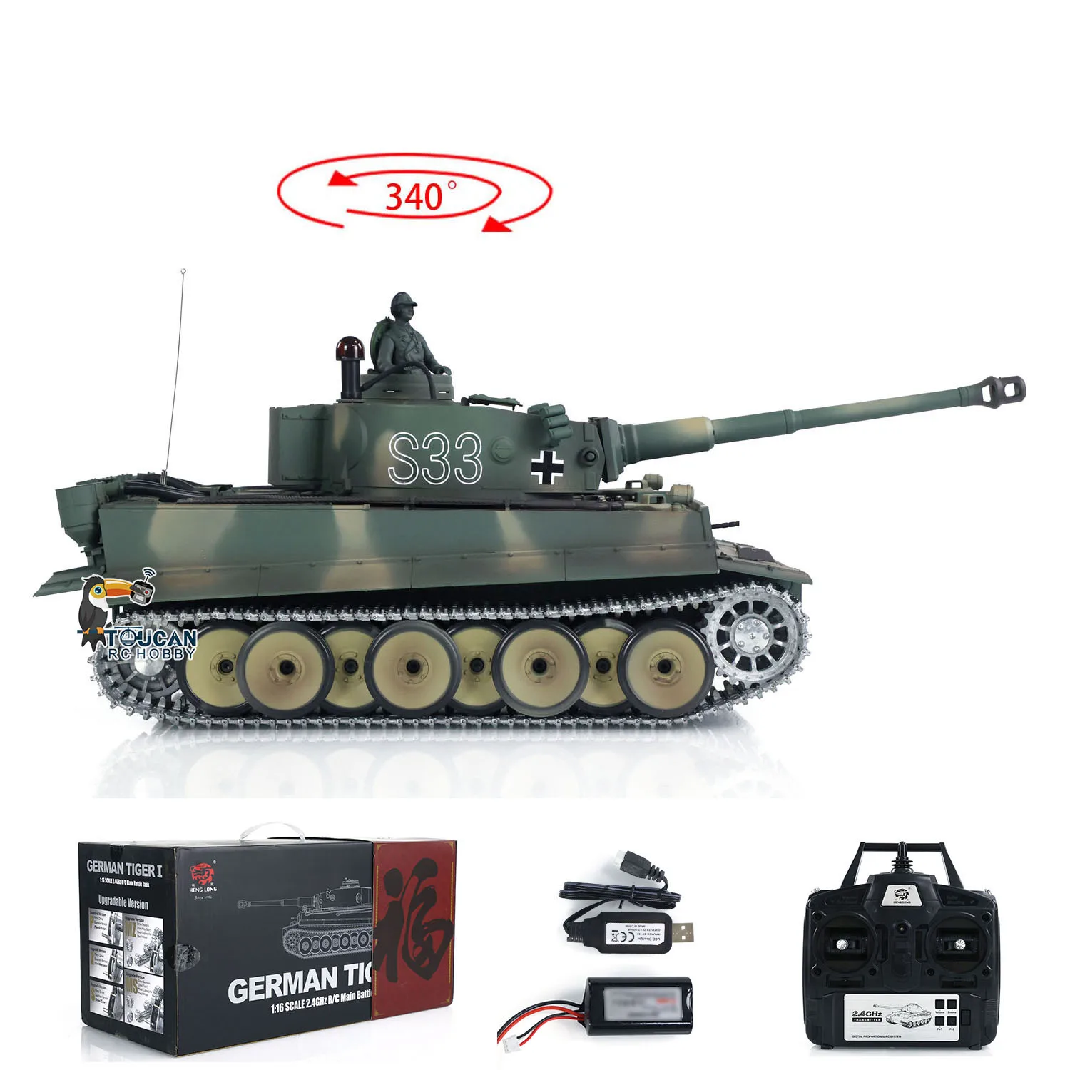 1:16 S33 Heng Long 7.0 German Tiger I RTR RC Tank 3818 Metal Tracks Wheel Gearbox Radio Control Panzer Vehicle Car Toys for Boys