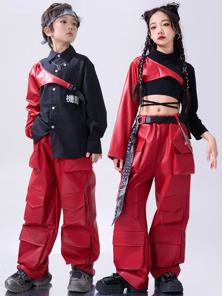 Costume Hip Hop rouge pour filles, haut court, couvre-bras rouges, pantalons en cuir pour garçons et enfants, vêtements de Jazz, ensemble de scène de danse de rue