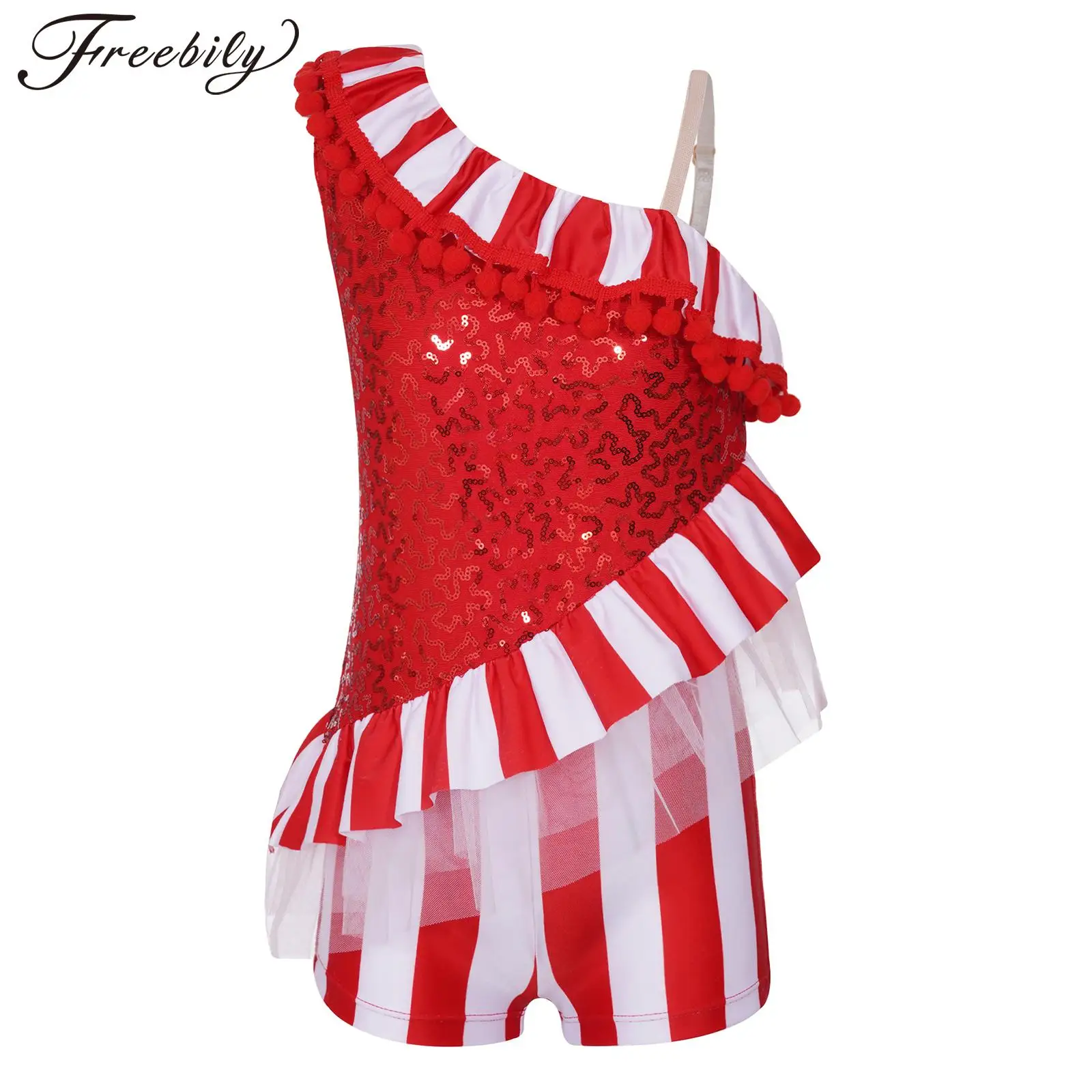 Kid Girls Candy Cane Striped Christmas Costume Xmas Party Holiday Santa Sweetie Ballet Dance Gymnastic Leotard Unitard Dancewear