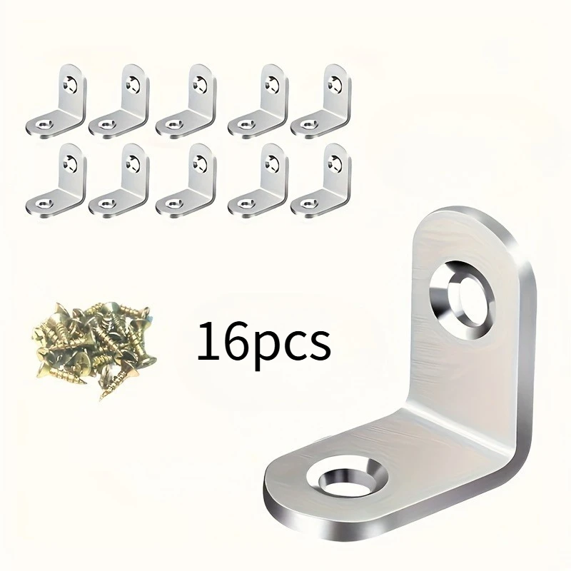 16pcs Heavy-Duty Stainless Steel L-Shaped Brackets Set with Screws - For Wooden Furniture