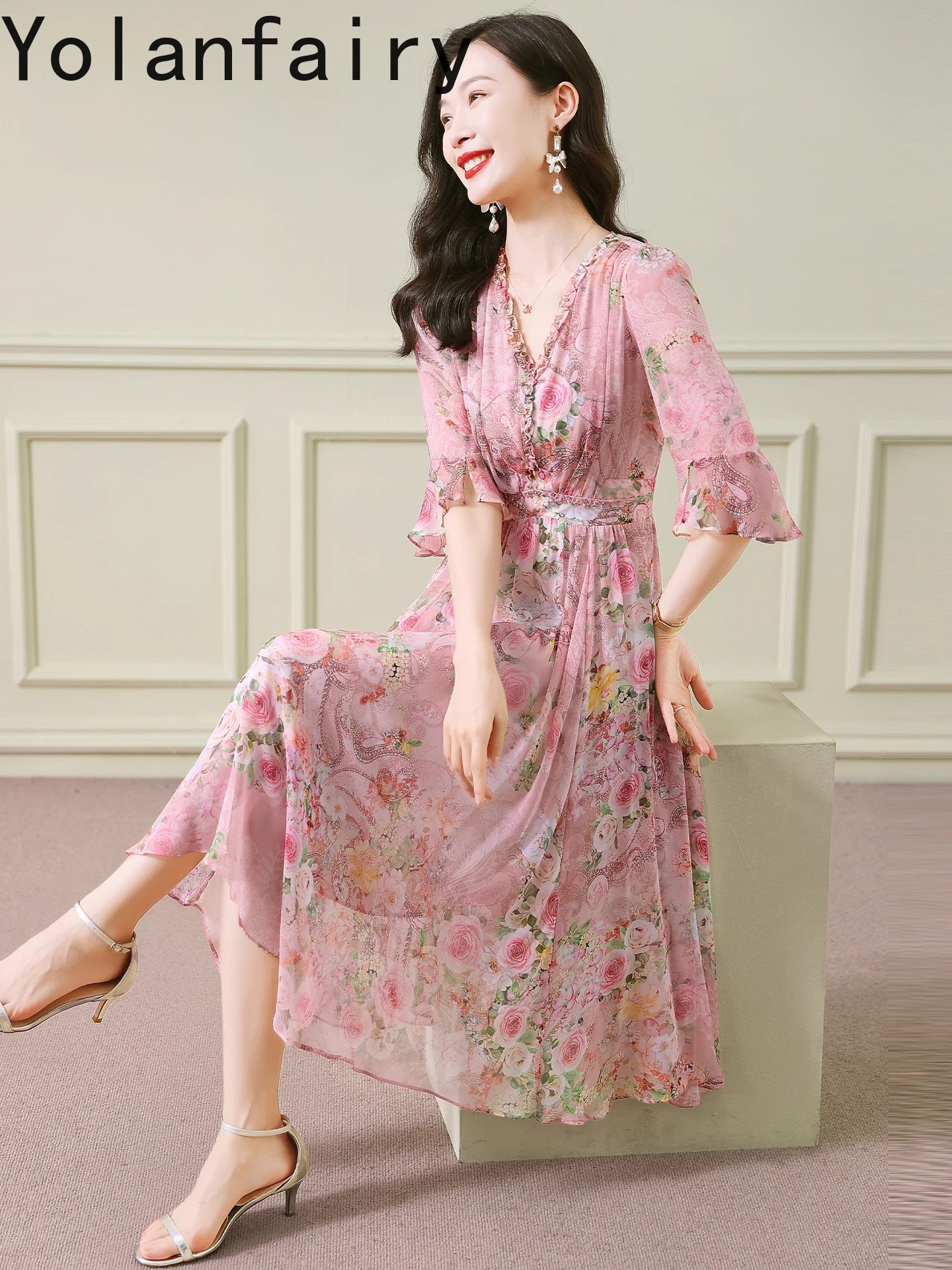 YOLANFAIRY 100% فساتين حرير التوت الأصلية فستان نسائي صيفي أنيق فاخر عالي الجودة فستان شاطئ ملابس نسائية رداء