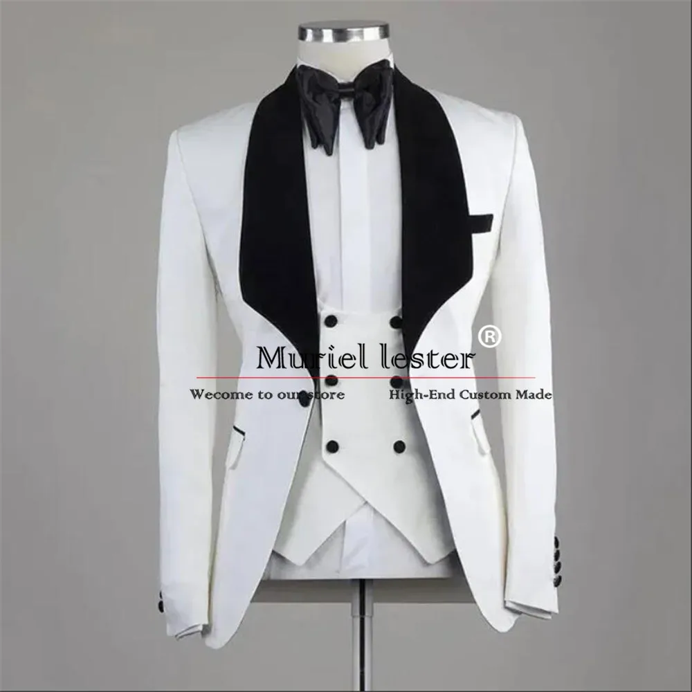 Ivory 3 Pieces Suits Men For Wedding Black Shawl Lapel Prom Blazer Tailored Groom Man Tuxedos Business Dress Coustime Homme Luxe