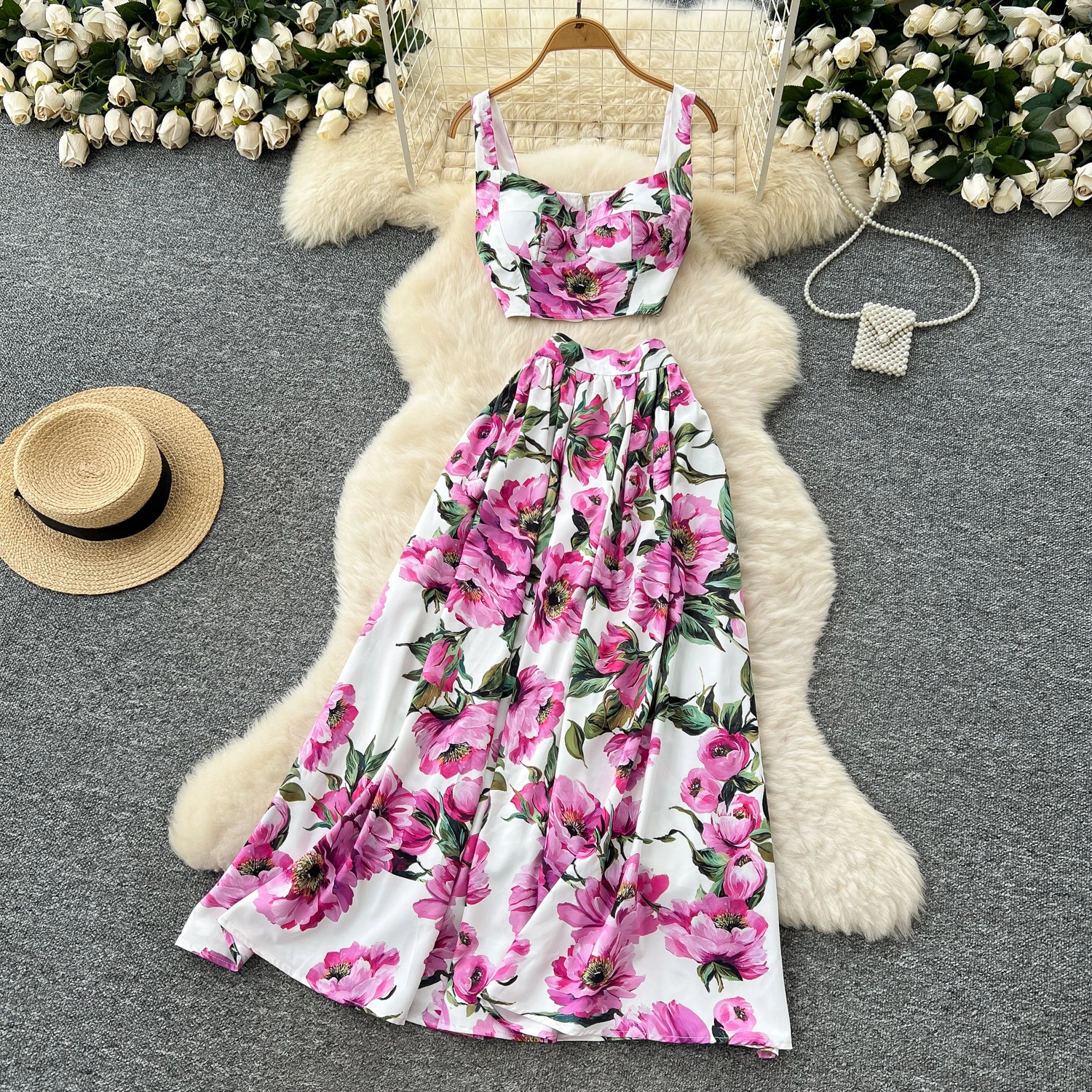 

Casual Sicilian Rose 2 Piece Sets Women Summer Holiday Bohemian Beach Floral Long Dresses Crop Tops Maxi Skirts Suits Outfits