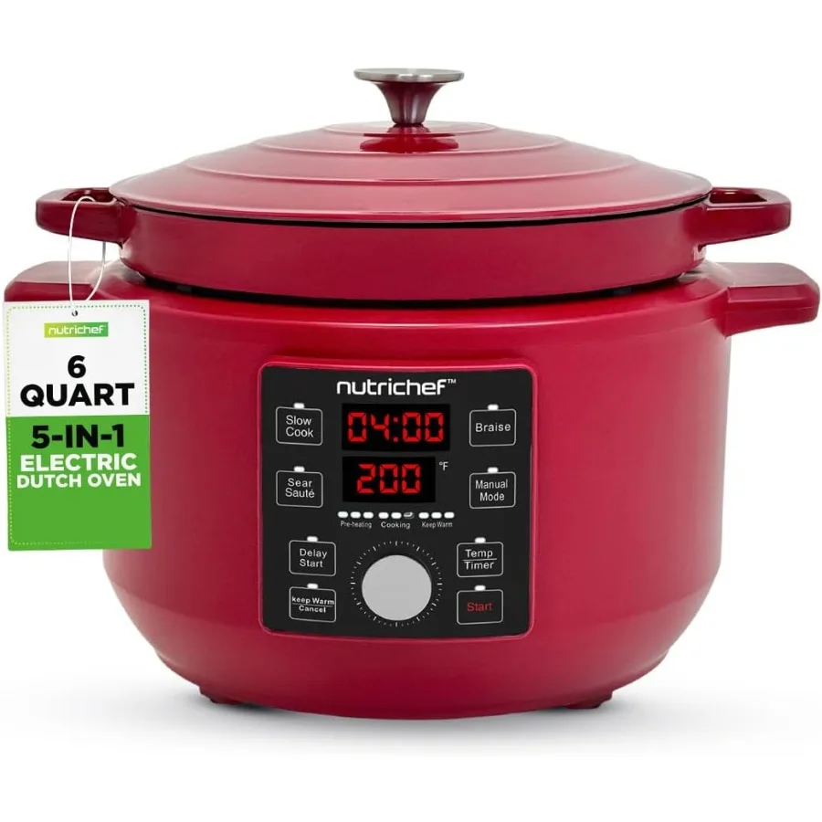 

6-литровая электрическая голландская духовка с чугунным горшком с эмалированным покрытием и крышкой из нержавеющей стали для медленного приготовления, выпечки, блюдцев, кипячения a