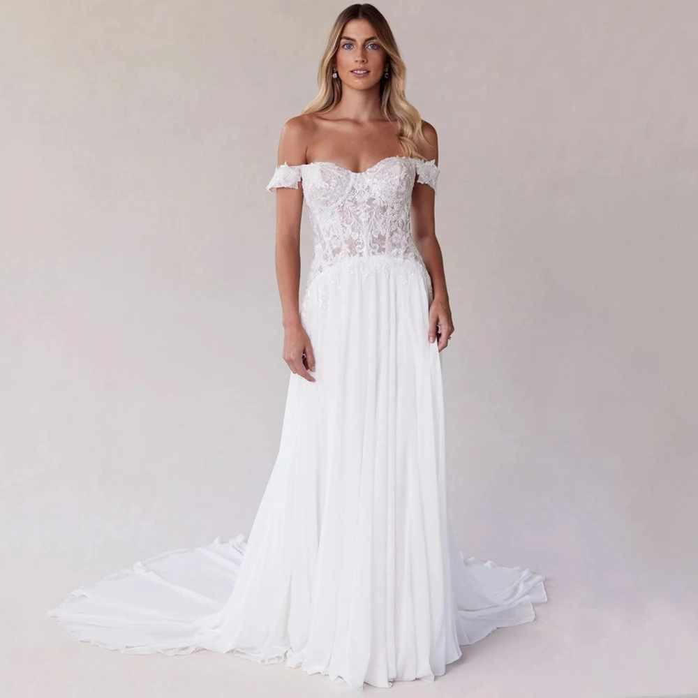 

Boho Customized Wedding Dress Off the Shoulder Short Sleeve Classic A-Line Chiffon Applique Floor Length Bride Marriage Gown