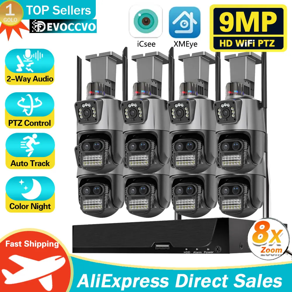 

WiFi Surveillance System 8CH Wireless NVR ICSEE 9MP Three Lens Security CCTV IP Cameras 8X Zoom PTZ Outdoor Smart WIFI NVR Kit