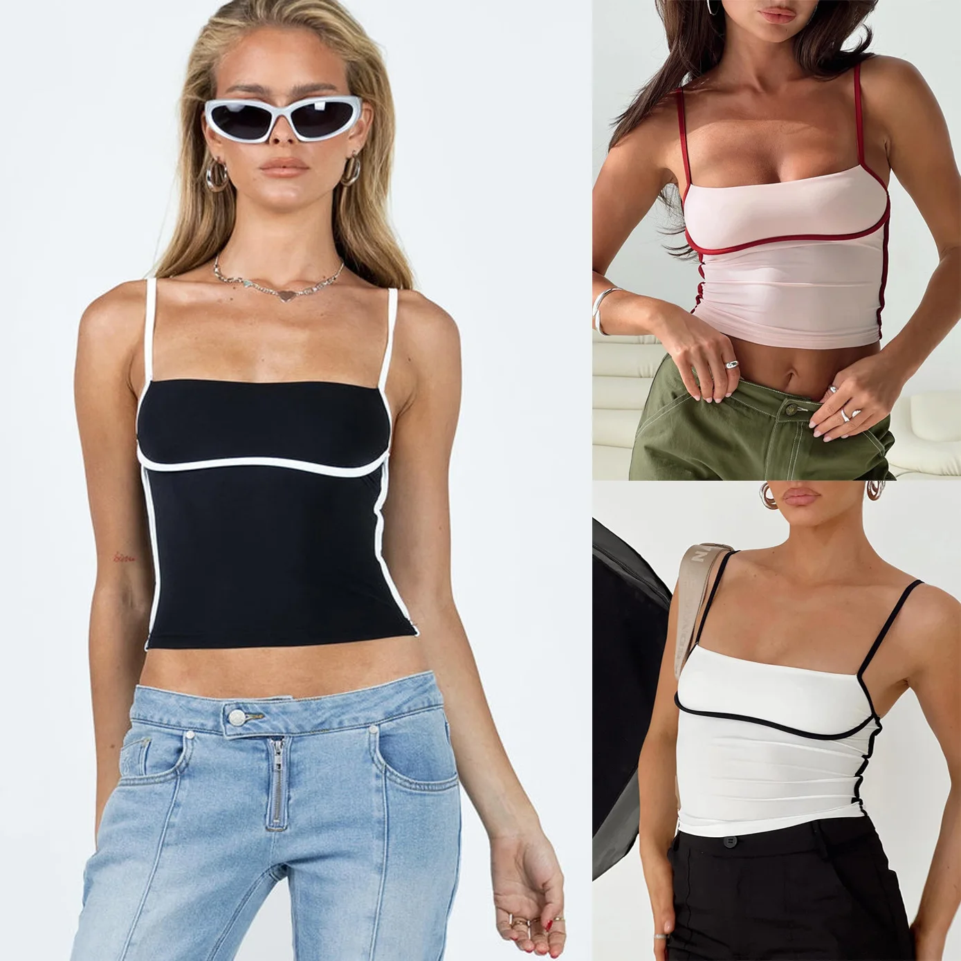 Women Fashion Patchwork Sweetheart Neck Camisole Vest Slim Waist Sexy Tank Tops Summer Beach Seaside Casual Sleeveless Tops