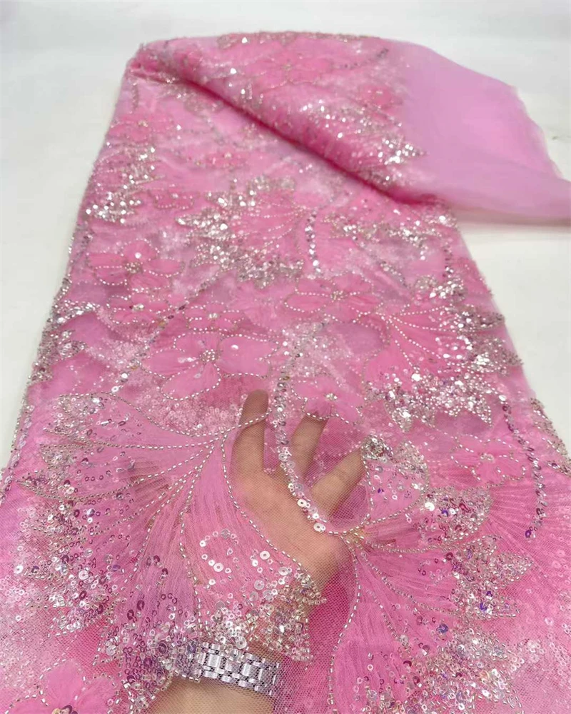 African Luxury Beaded Sequins French Tulle Lace Groom Embroidery High-End Wedding Fabric for Sewing Latest Style