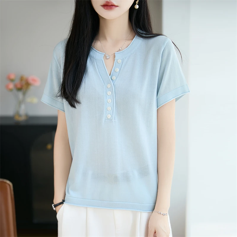 

V-neck short sleeved T-shirt for women's fashion summer new item, Lyocell knitted Korean style loose top, short sleeve