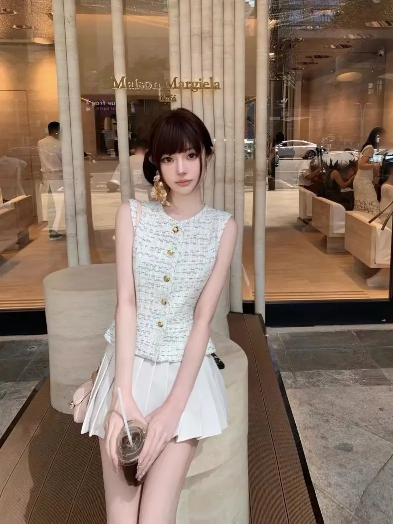 

Summer Stylish Slim White Vest Top+High Waist A-line Pleated Skirt Mini Skirts Set Sweet Elegant Two Piece Sets Women Outfits