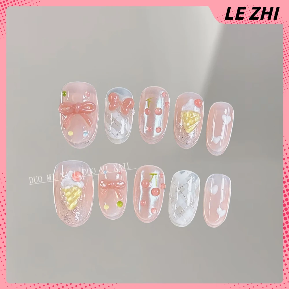 Fashion Gentle Elegant Handmade Ellipse Press On Nails Colorful Diamond Pearl Bow Five Pointed Star Ice Cream Nail Party Sticker