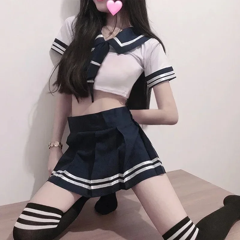 

Anime School Girls Cosplay Costume Women Sexy Lingerie Cheerleader Student Uniform Crop Tops with Striped Miniskirt Sets