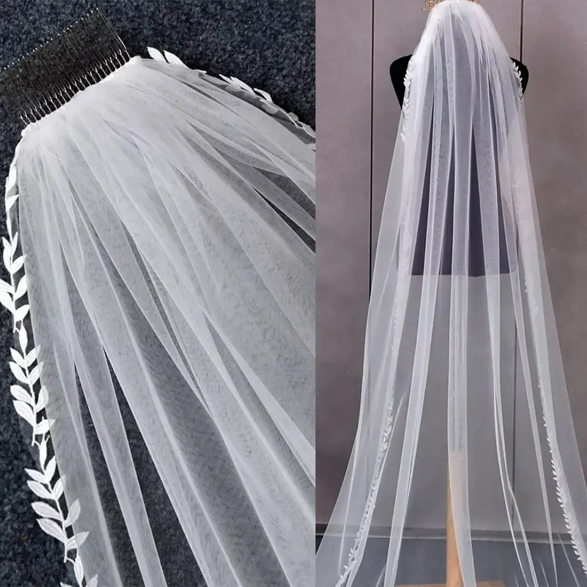 

Gorgeous Wedding Veil Appliques One Layer Long Chapel Length Bridal Veils Lace Edge Soft Tulle For Bride Velo De Cabeza