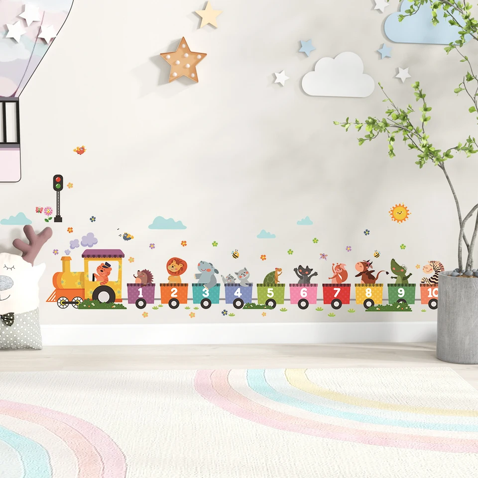 Cartoon Animal Number Train Wall Stickers for Kids Room Nursery Bedroom DIY Removable Vinyl Wall Decals Home Decor
