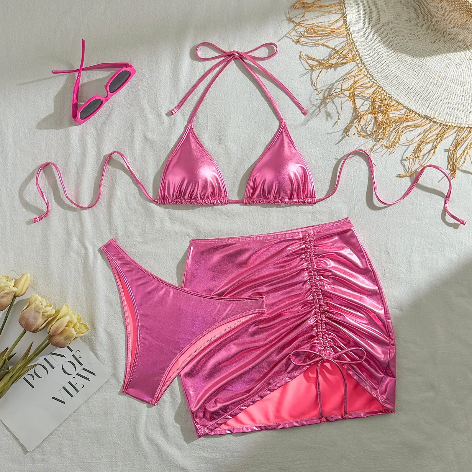 

sexy triangle metallic bikinis sets three pieces with drawstring mini skirt bathing suit beach wear thong swimsuits biquini